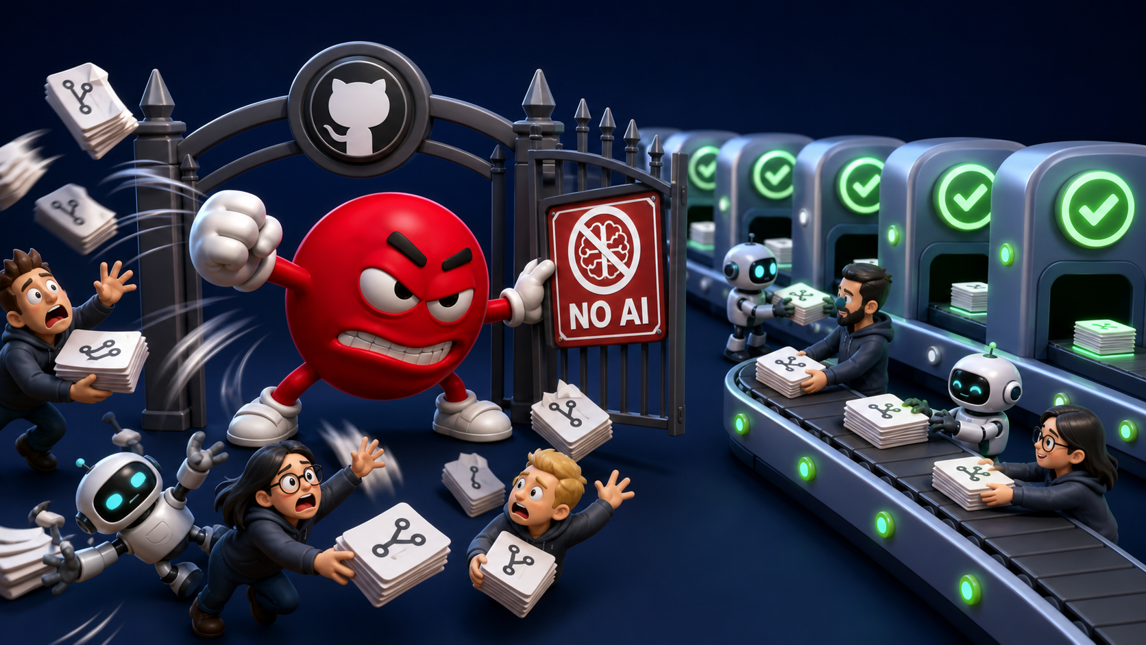 Злой красный смайлик-гейткипер у ворот GitHub с табличкой «NO AI» отшвыривает пул-реквесты от людей и роботов; рядом автоматический конвейер с зелёными галочками спокойно пропускает код любого автора
